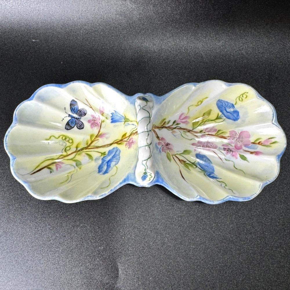 Hand Painted Ceramic Double Shell Divided Dish Butterfly Floral Blue Yellow 9.5"